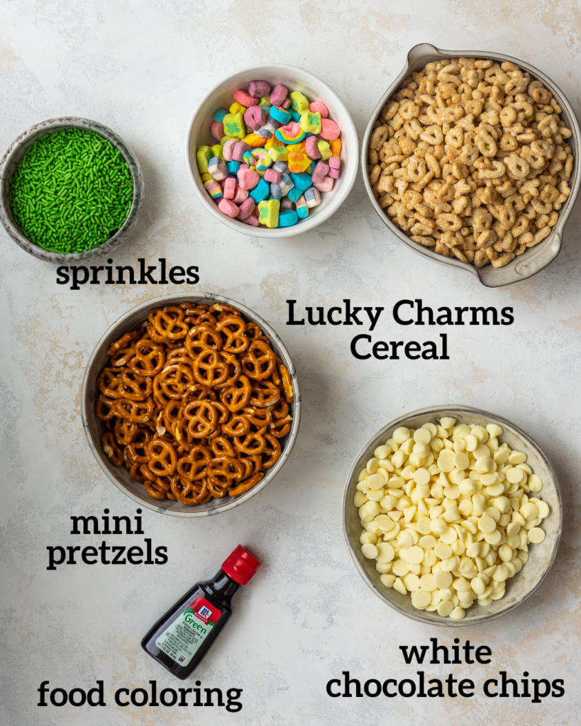 Above view of ingredients for Leprechaun snack mix