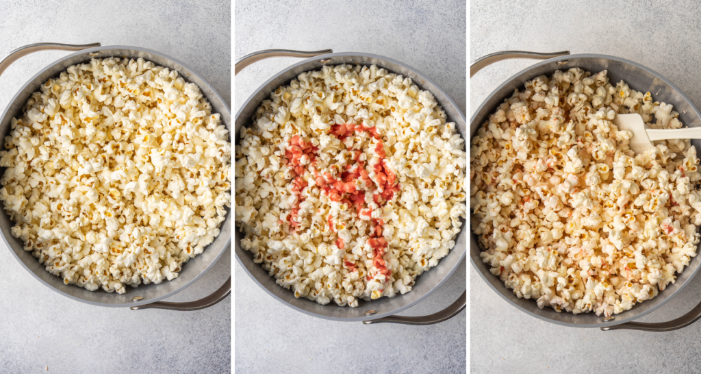 step by step photos of strawberry seasoning mixing into popcorn