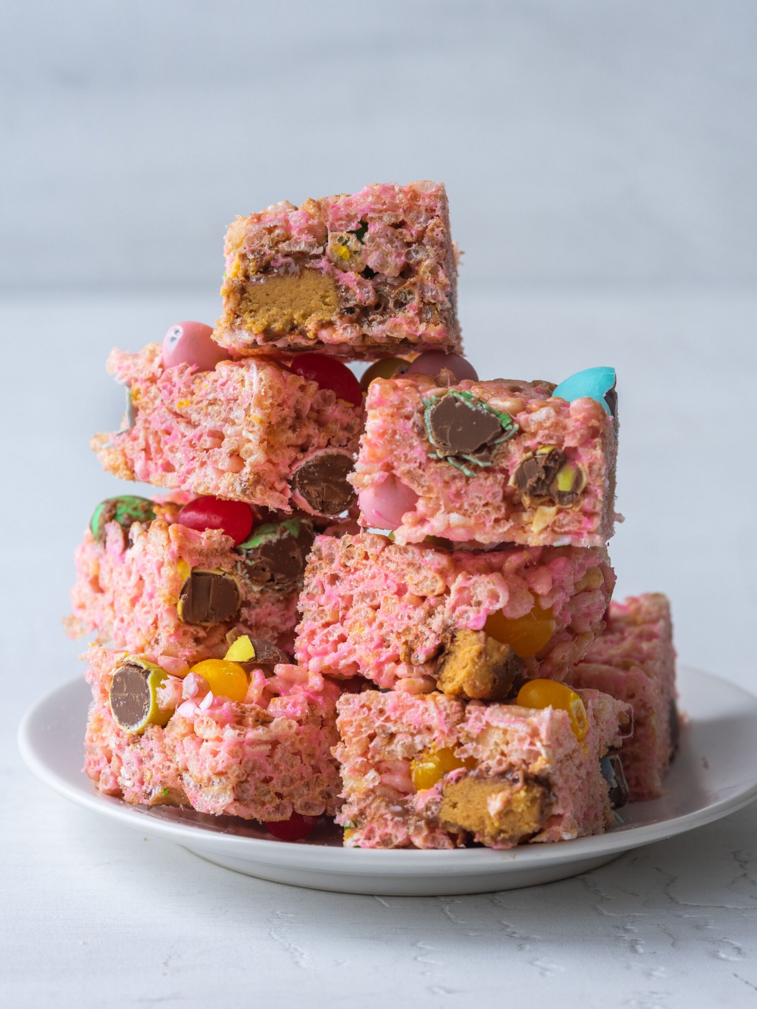 Side view of a stack of leftover Easter candy rice krispie treats