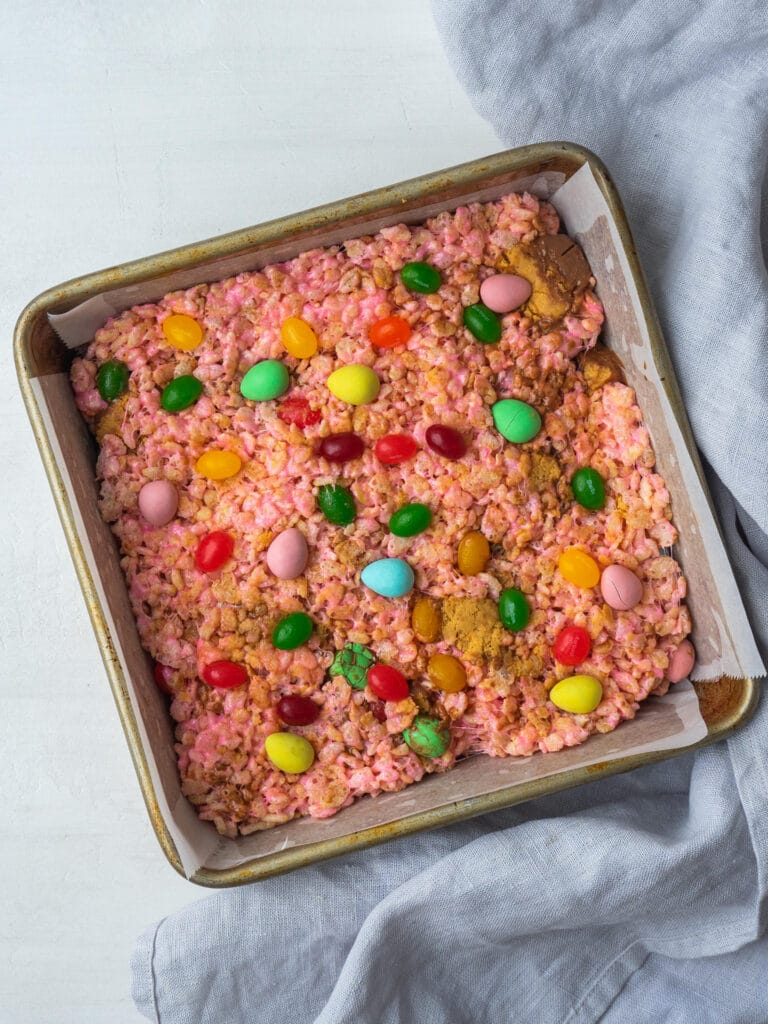 Above view of Leftover Easter Candy Rice Krispie Treats in a pan