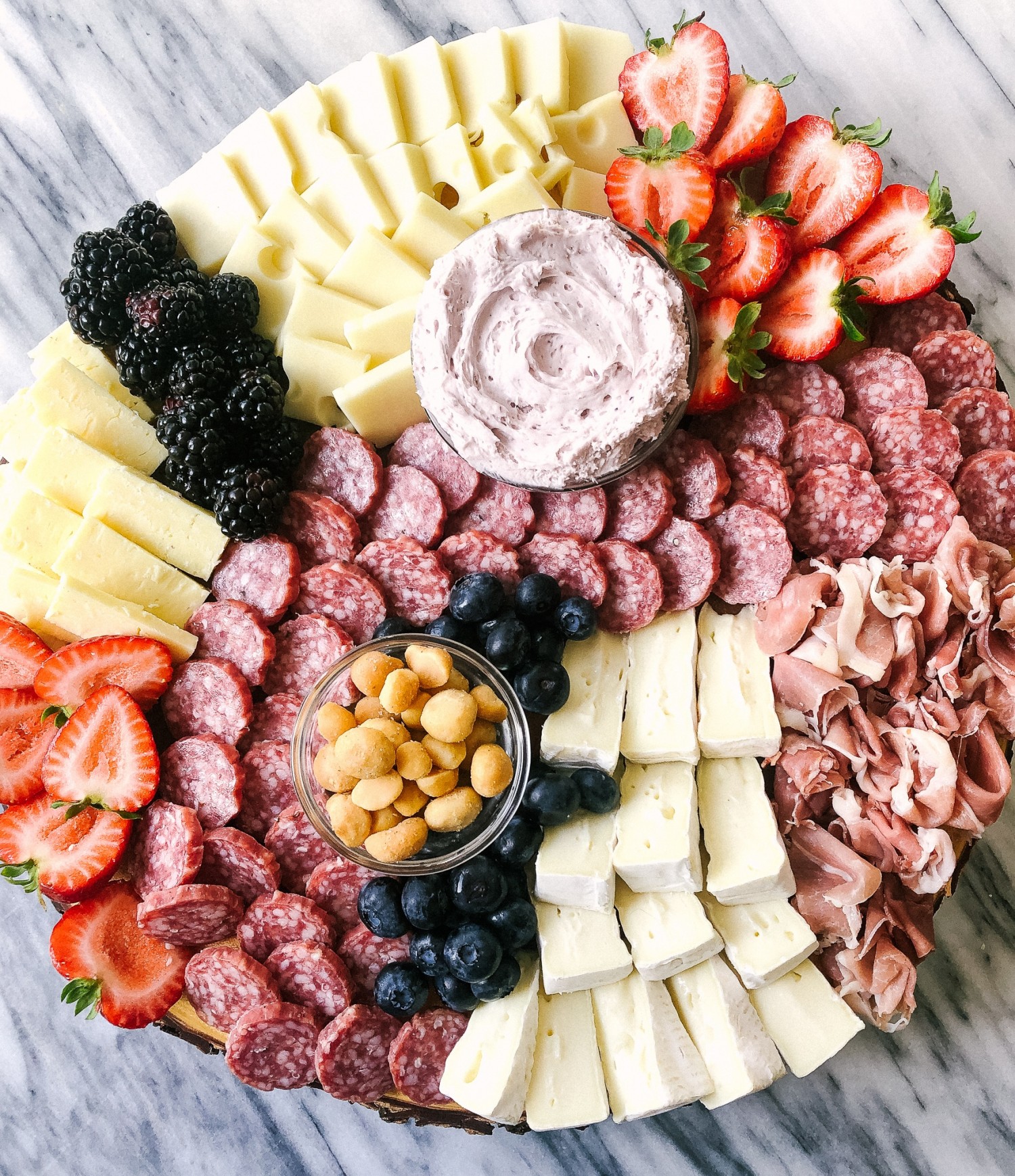 Above view of a Fourth of July charcuterie board idea