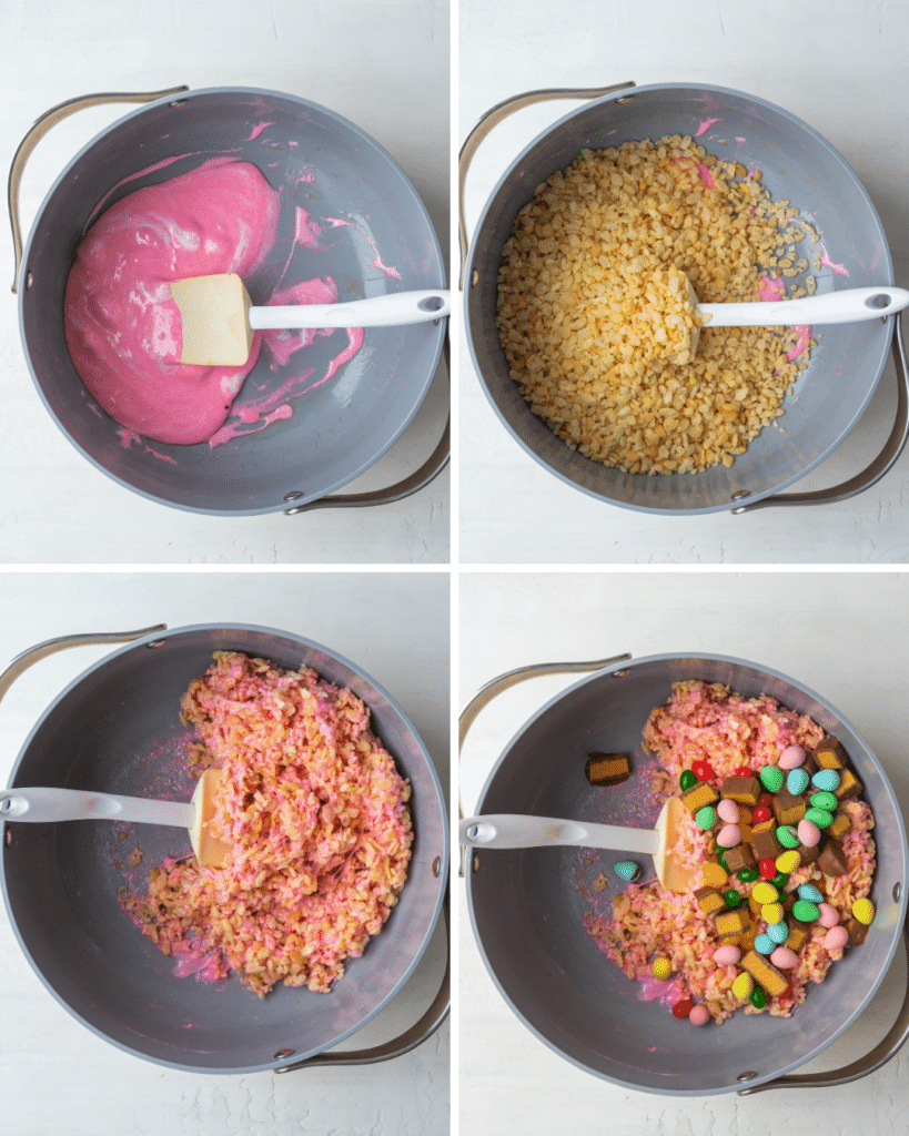 Above view of step by step assembly of Leftover Easter Candy Rice Krispie Treats
