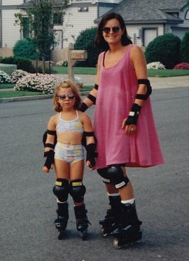 Photo from the 1990s of me as a young kid rollerblading with my mom