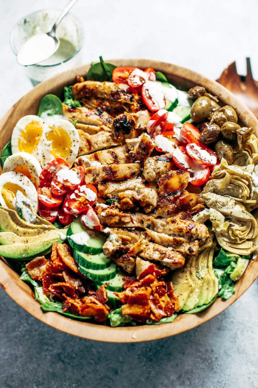 Above view of a Paleo Grilled Chicken Caesar Cobb Salad from Paleo Gluten Free Eats