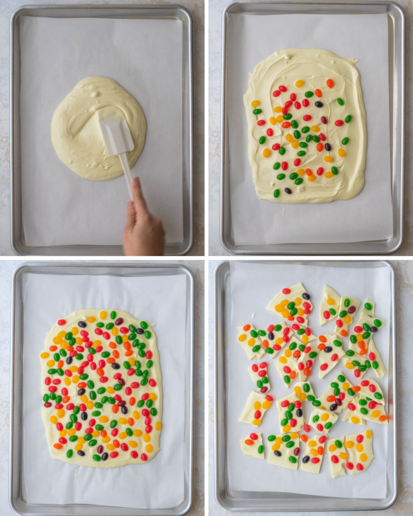 Step by step assembly of Easter jelly bean bark