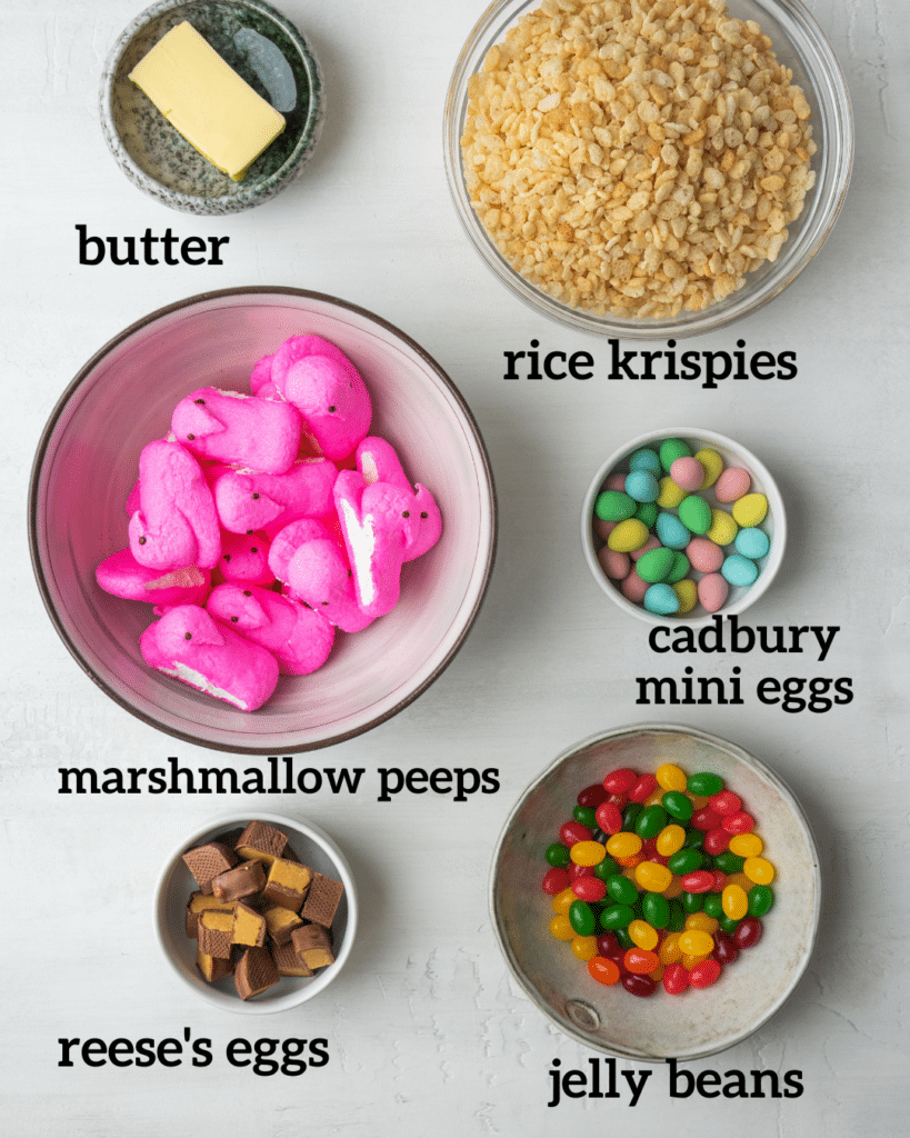 Above view of ingredients for Easter rice krispie treats