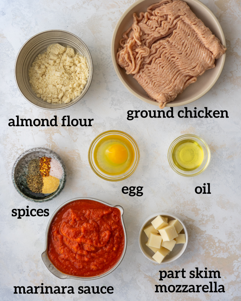 Above view of ingredients for mozzarella stuffed chicken meatballs