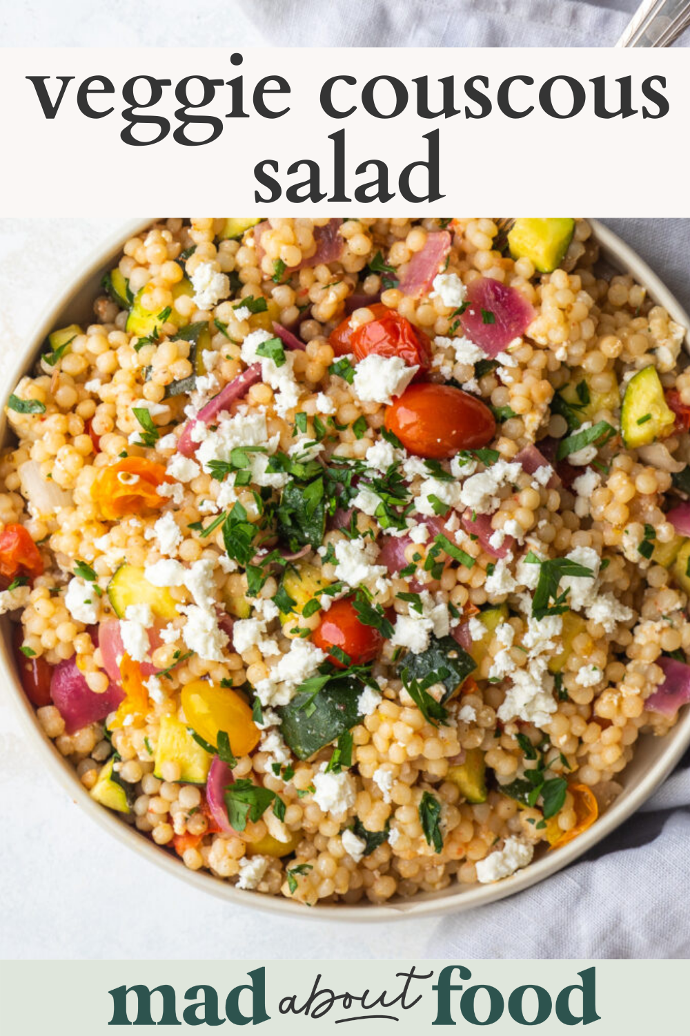 Image for pinning Veggie Couscous Salad recipe on Pinterest