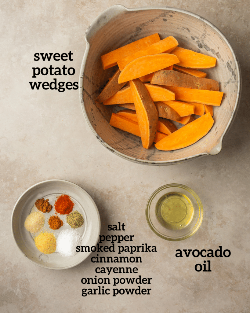 Above view of ingredients for air fryer sweet potato wedges