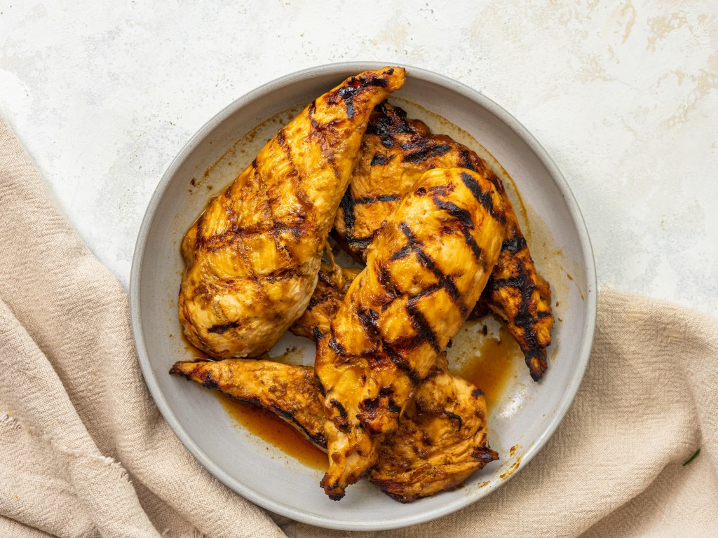 Above view of balsamic grilled chicken on a serving plate