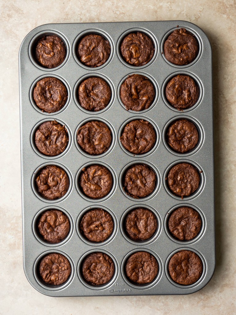 Above view of fudgy brownie bites in a baking dish