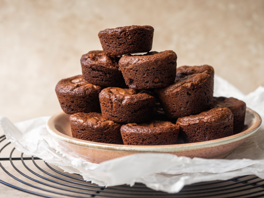 Side view of brownie bites stacked up