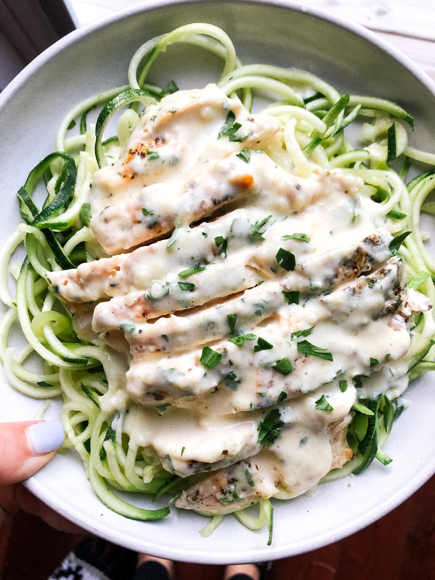 Above view of keto chicken alfredo on  a plate with zucchini noodles