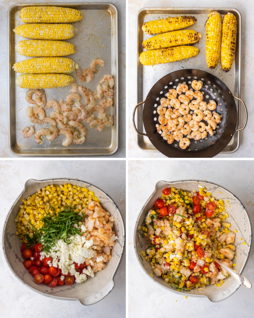 Above view of step by step assembly of a creamy grilled corn salad