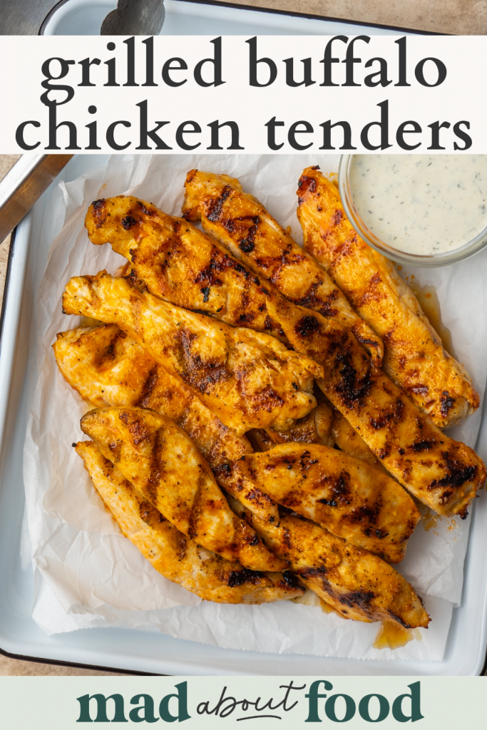 Image for pinning grilled buffalo chicken tenders on Pinterest
