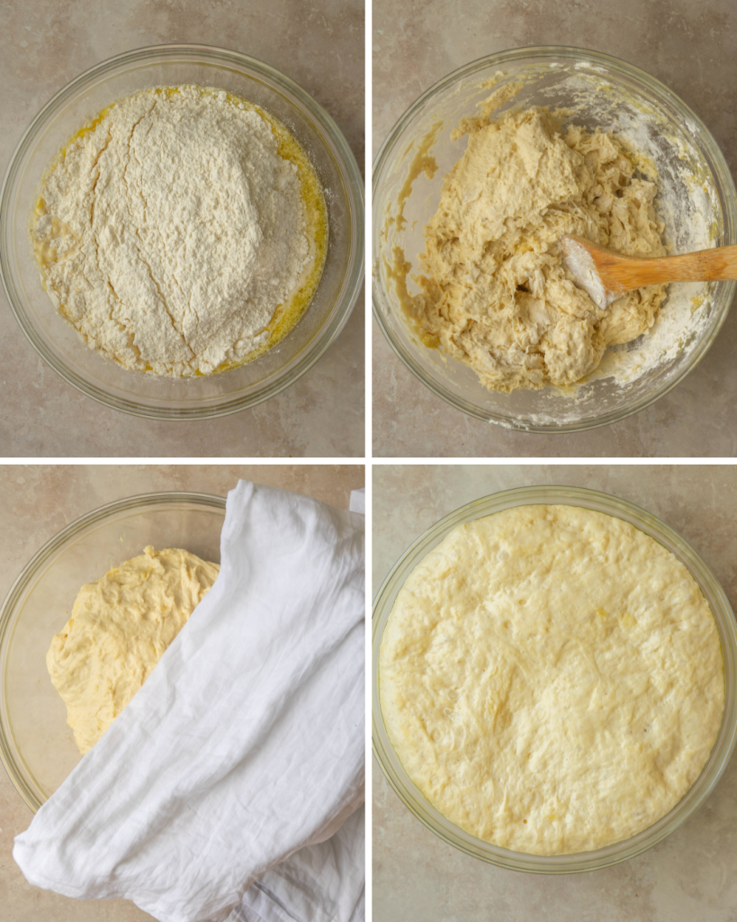 Step by step assembly of no knead focaccia bread dough