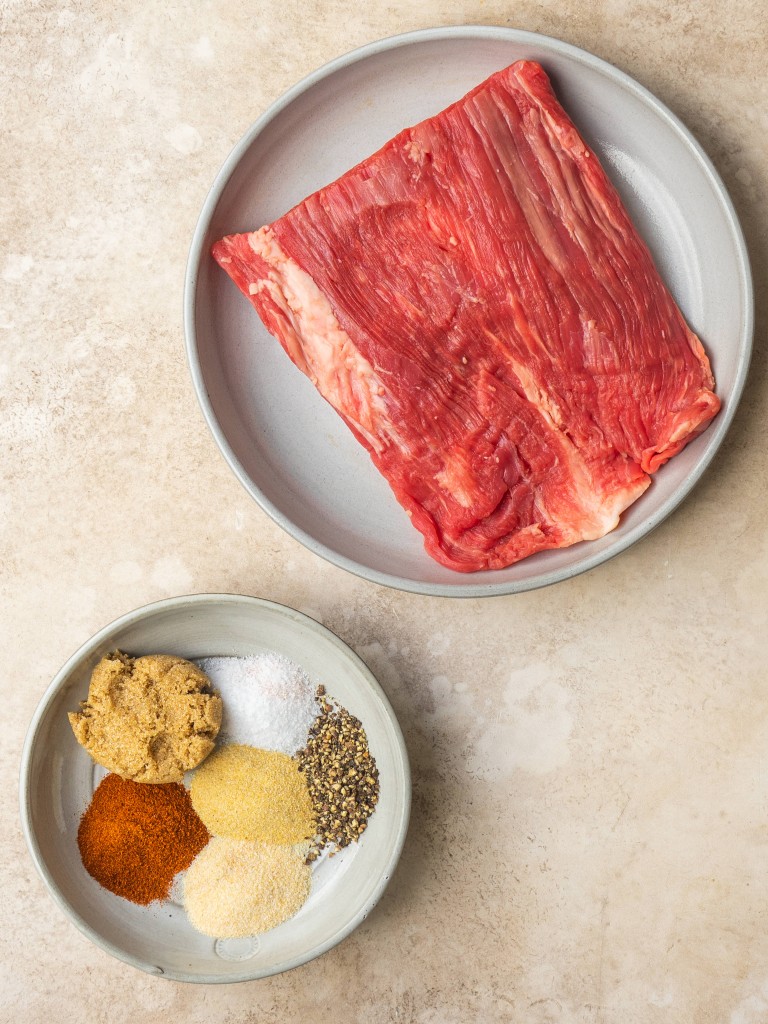Above view of ingredients for flank steak in air fryer