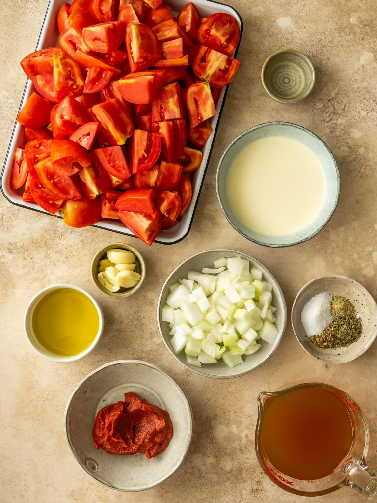 Above view of ingredients for tomato soup in instant pot