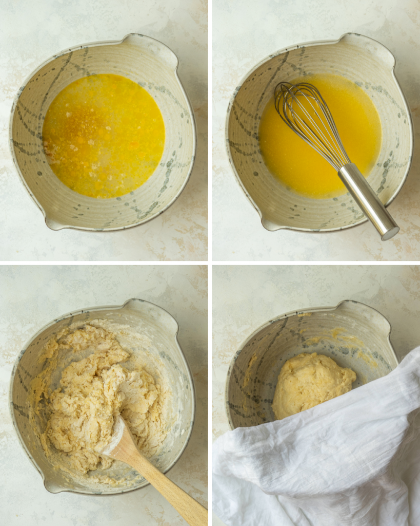 Above view of step by step assembly of pretzel hot dog bun dough
