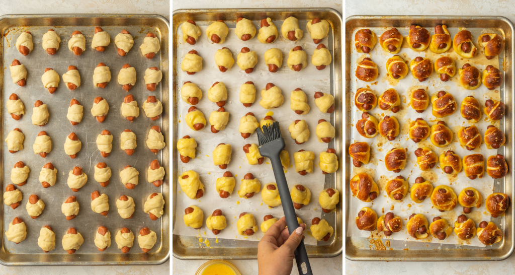 Above view of step by step assembly of mini pretzel dogs