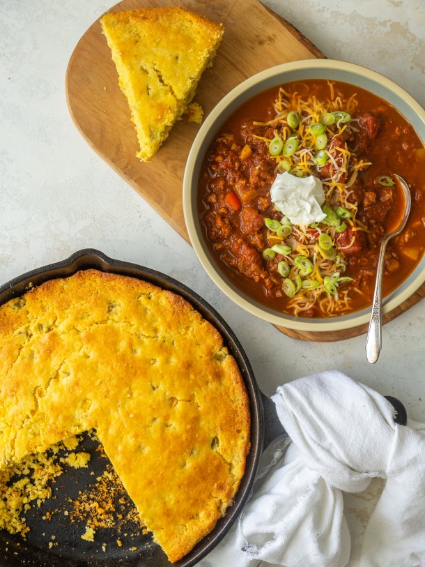 Cast Iron Green Chili Cornbread Jiffy Cornbread in Cast Iron Skillet
