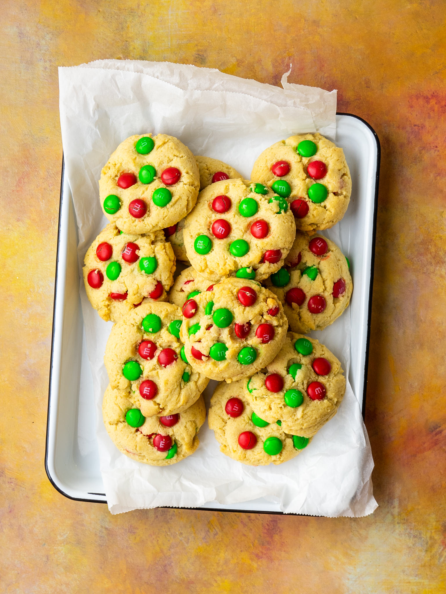 Above view of Christmas M&M cookie recipe