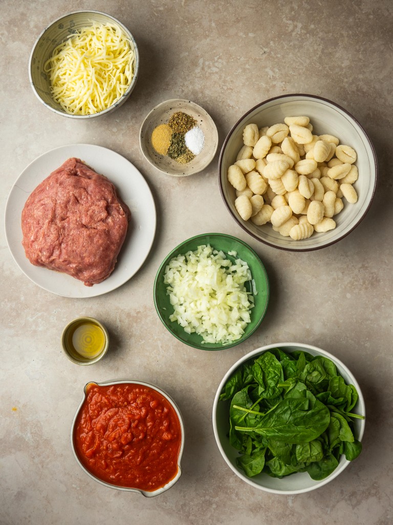 Above view of ingredients for gnocchi bake