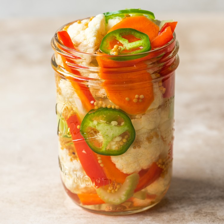 Side view of quick pickled mixed veggies