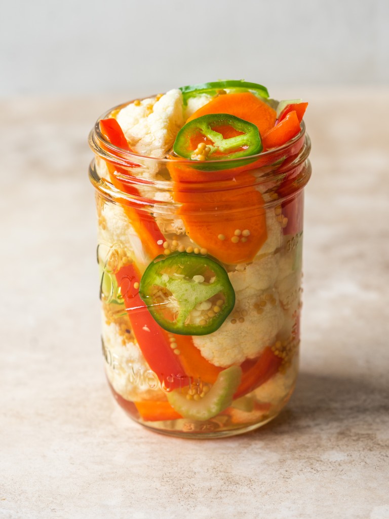 Side view of quick pickled mixed veggies