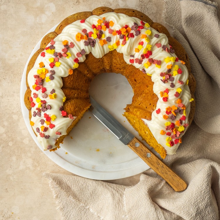 Above view of a cake made with a pumpkin yellow cake mix recipe