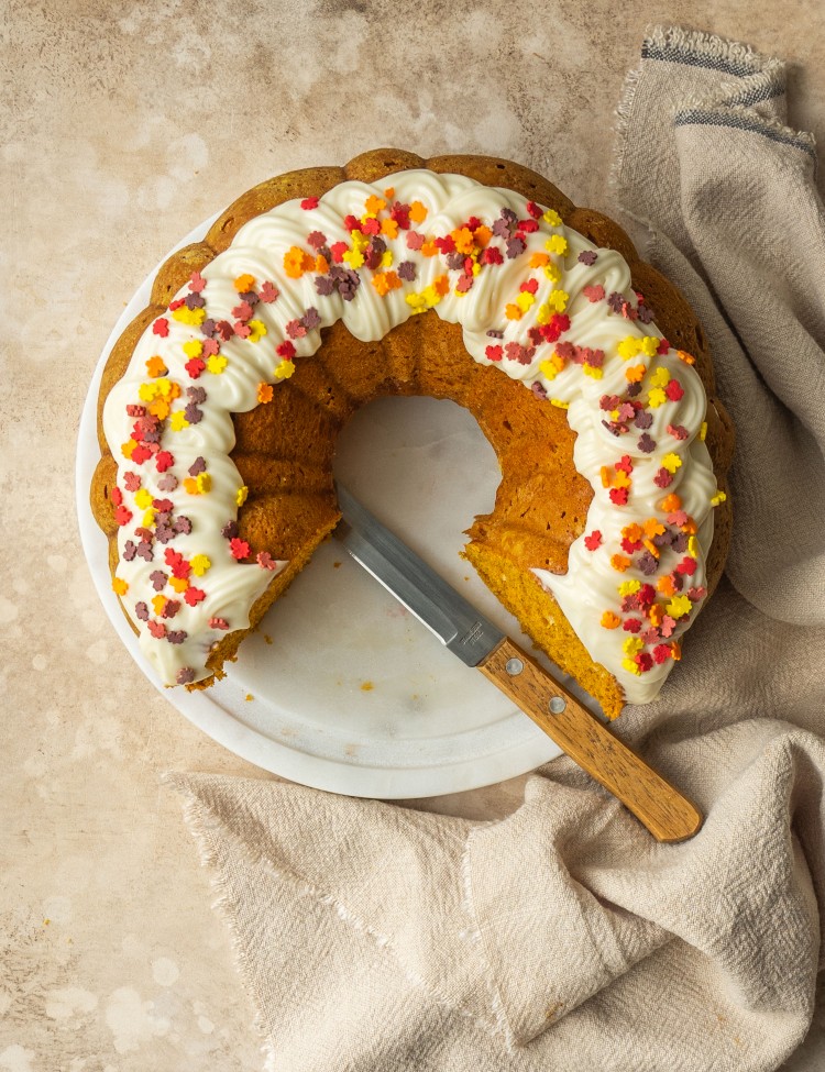 Above view of a cake made with a pumpkin yellow cake mix recipe