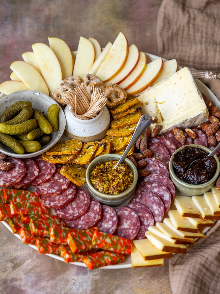 Three quarter view of a trader joes charcuterie board