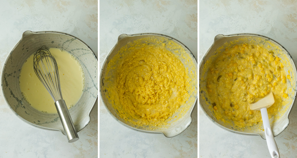 Step by step assembly of green chili cornbread