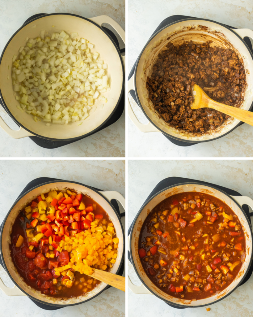 Above view of step by step assembly of no bean turkey chili