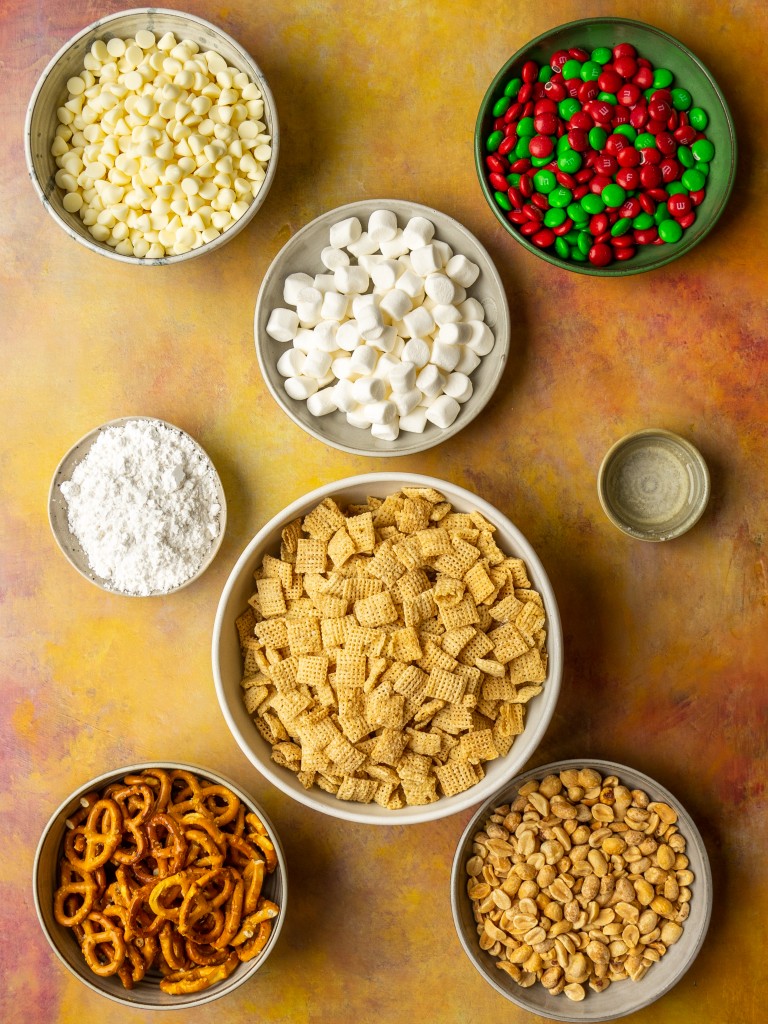 Ingredients for christmas crack chex mix