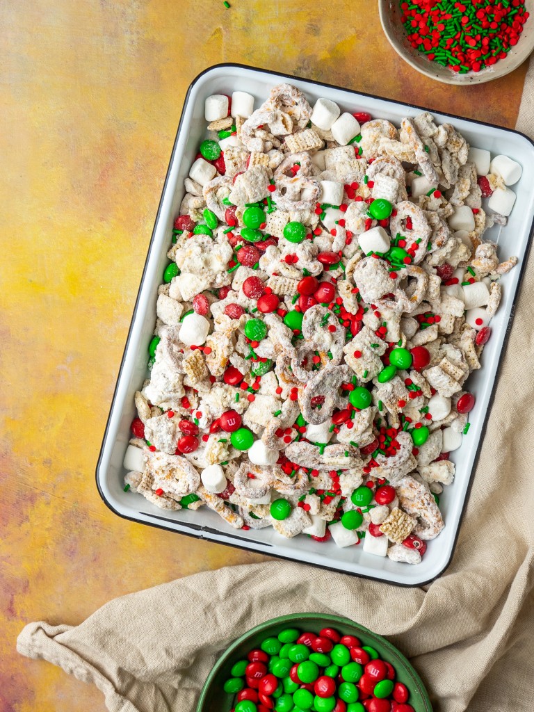 Christmas crack chex mix with M&Ms and christmas sprinkles