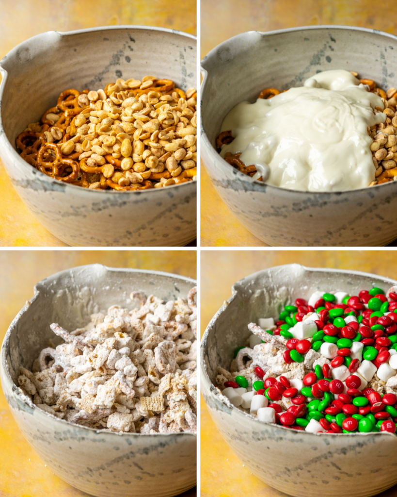 Step by step assembly of christmas chex mix recipe