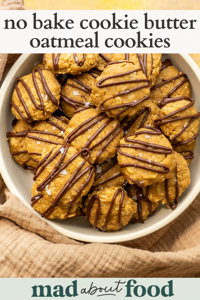 Image for pinning no bake cookie butter oatmeal cookies recipe on Pinterest