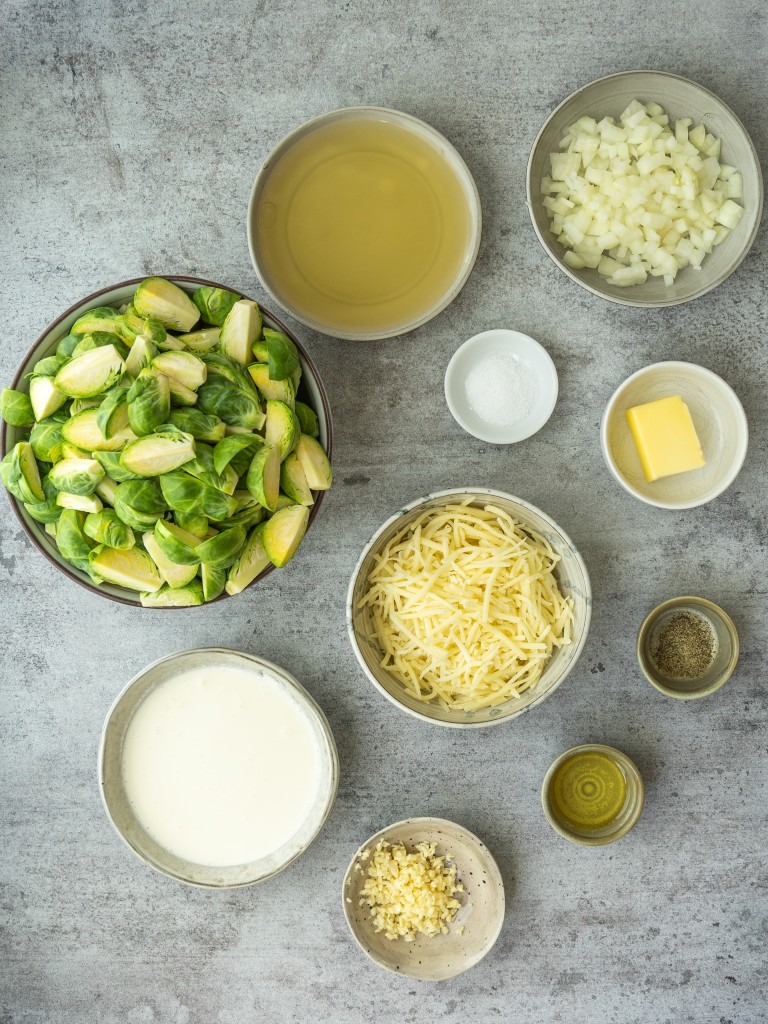 Above view of ingredients for brussels sprouts with cheese