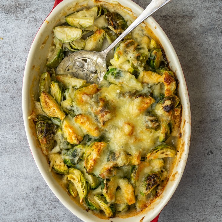 Brussels sprouts with cheese baked in a casserole dish