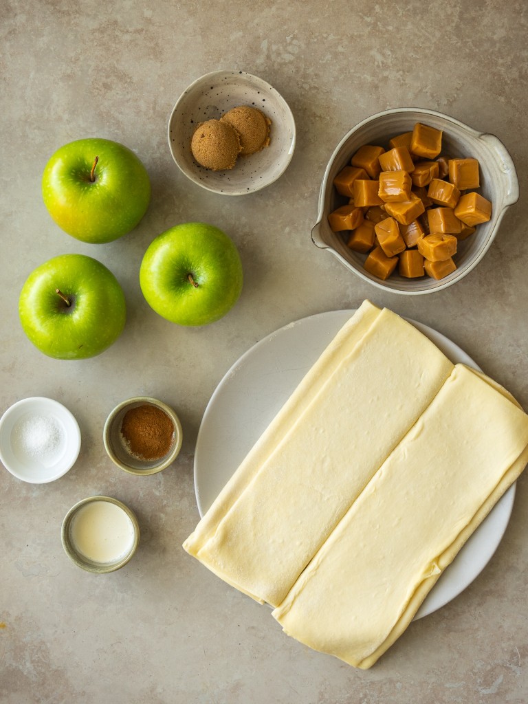 Above view of ingredients for apple tart recipe