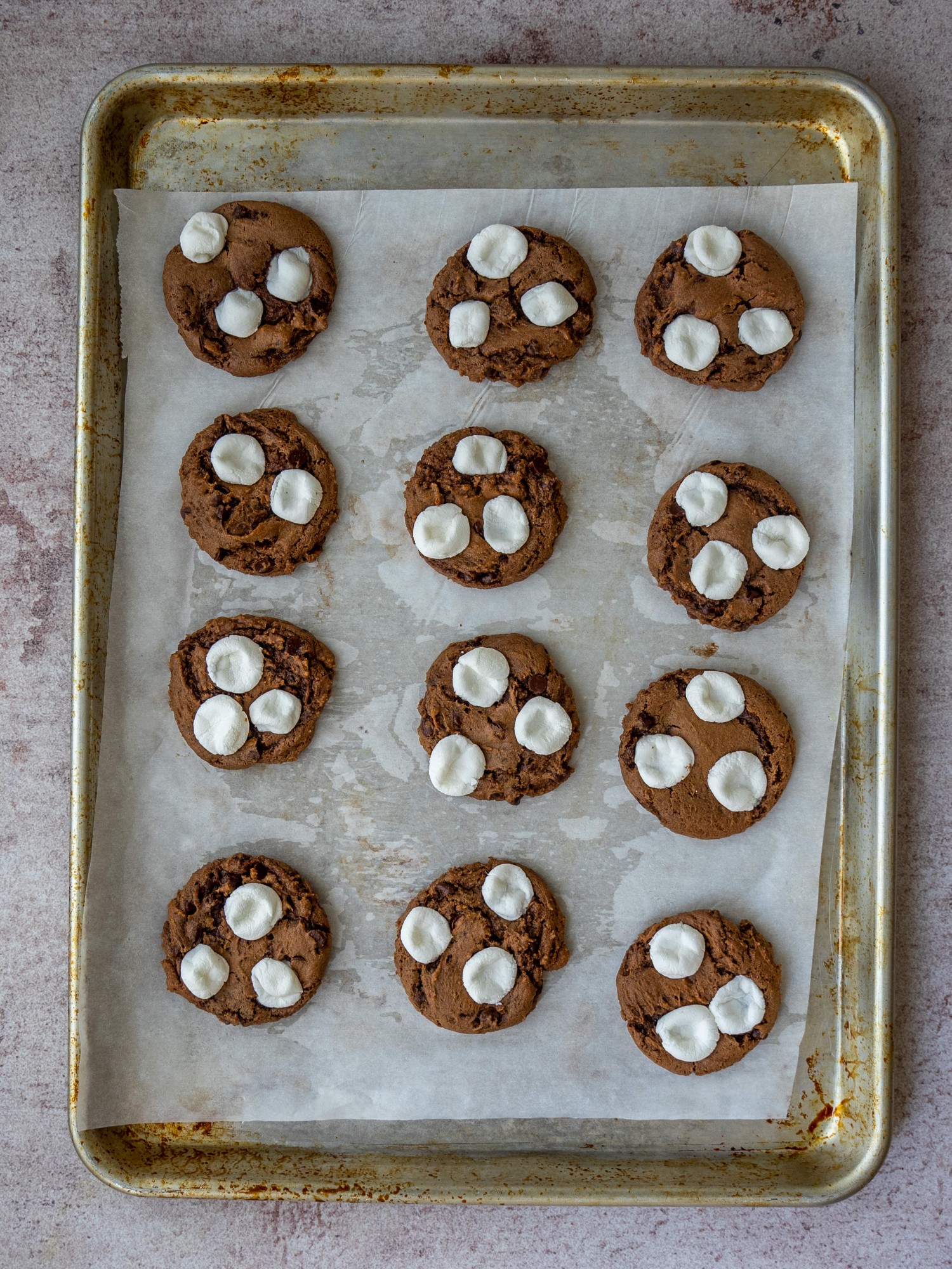 Hot chocolate cookies on a baking sheet