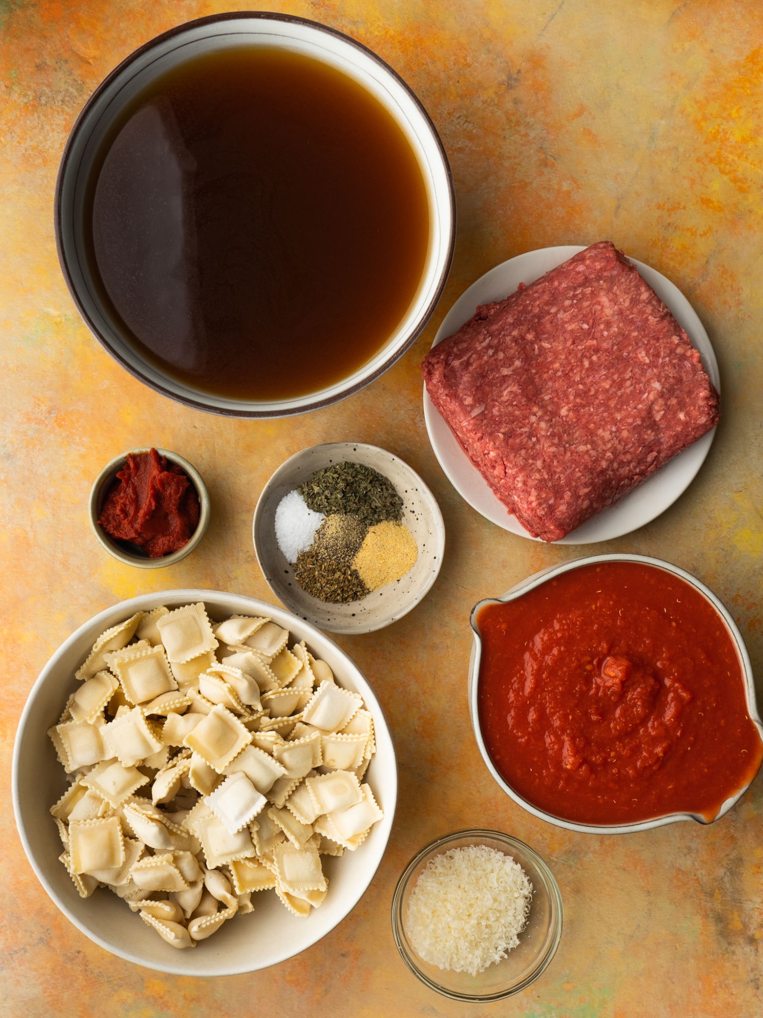 Above view of ingredients for ravioli soup