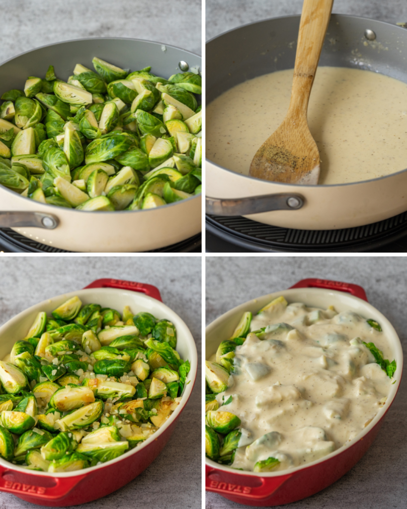 Step by step assembly of cheesy brussels sprouts casserole