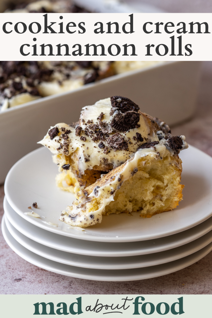 Image for pinning Cookies and Cream cinnamon rolls on Pinterest
