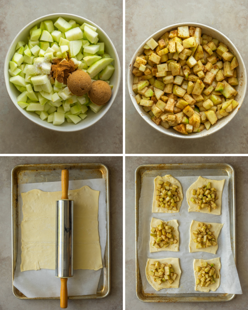 Step by step assemble of puff pastry apple tart