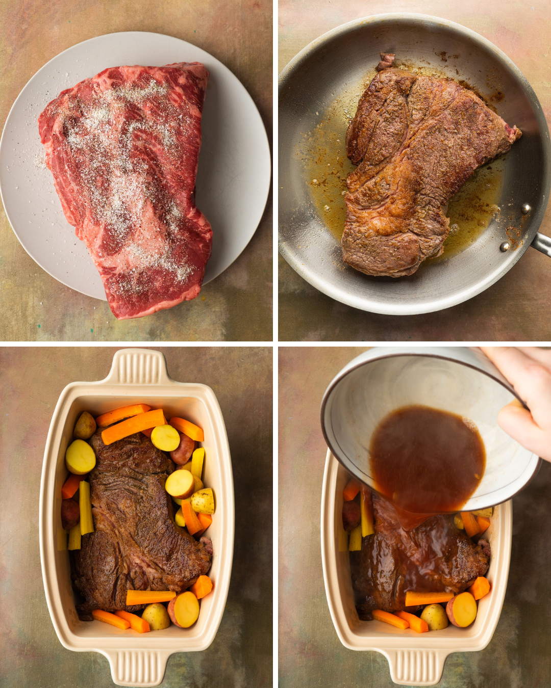 Above view of step by step instructions for making a chuck roast in oven
