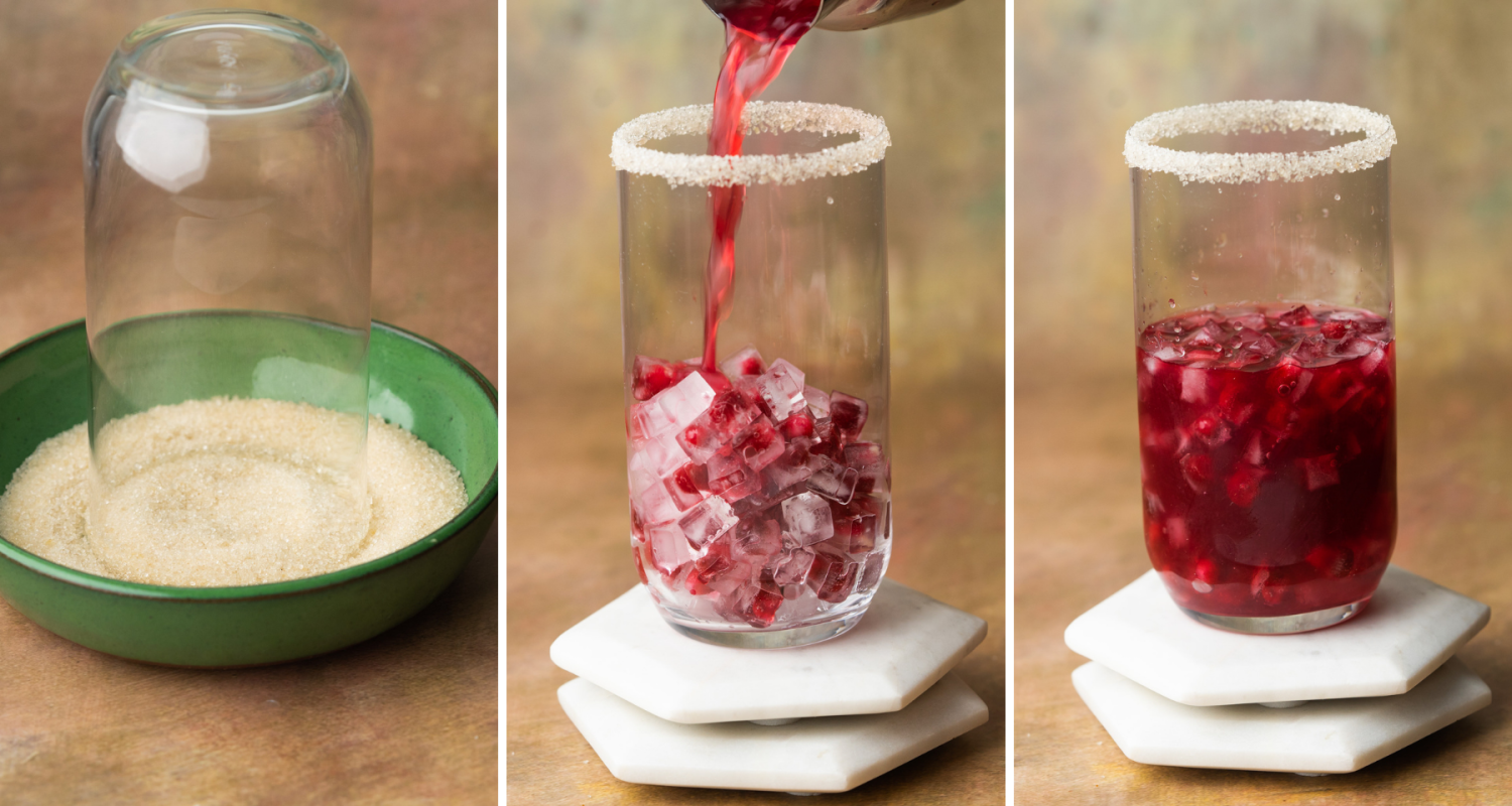 Step by step assembly of a pomegranate margarita