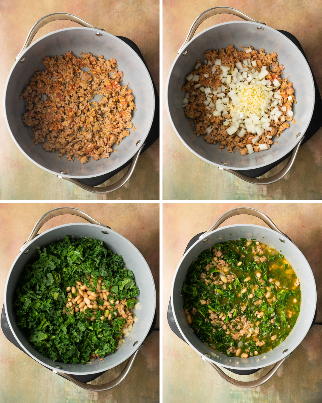 Step by step assembly of sausage kale and white bean soup