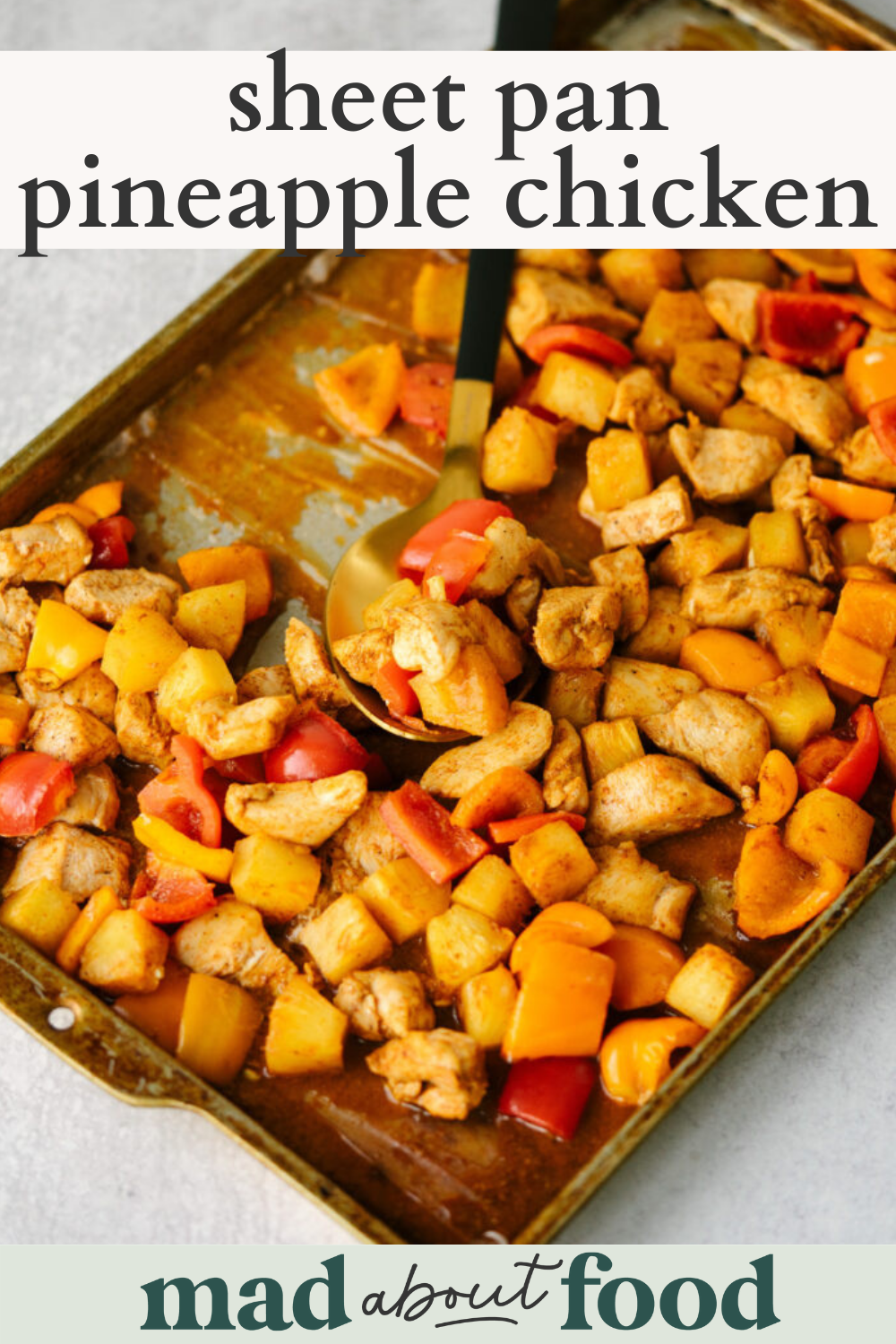 Image for pinning Sheet Pan Pineapple Chicken recipe on Pinterest